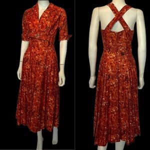 Vintage Orange Floral Sundress with Jacket and Rhinestone Buckles